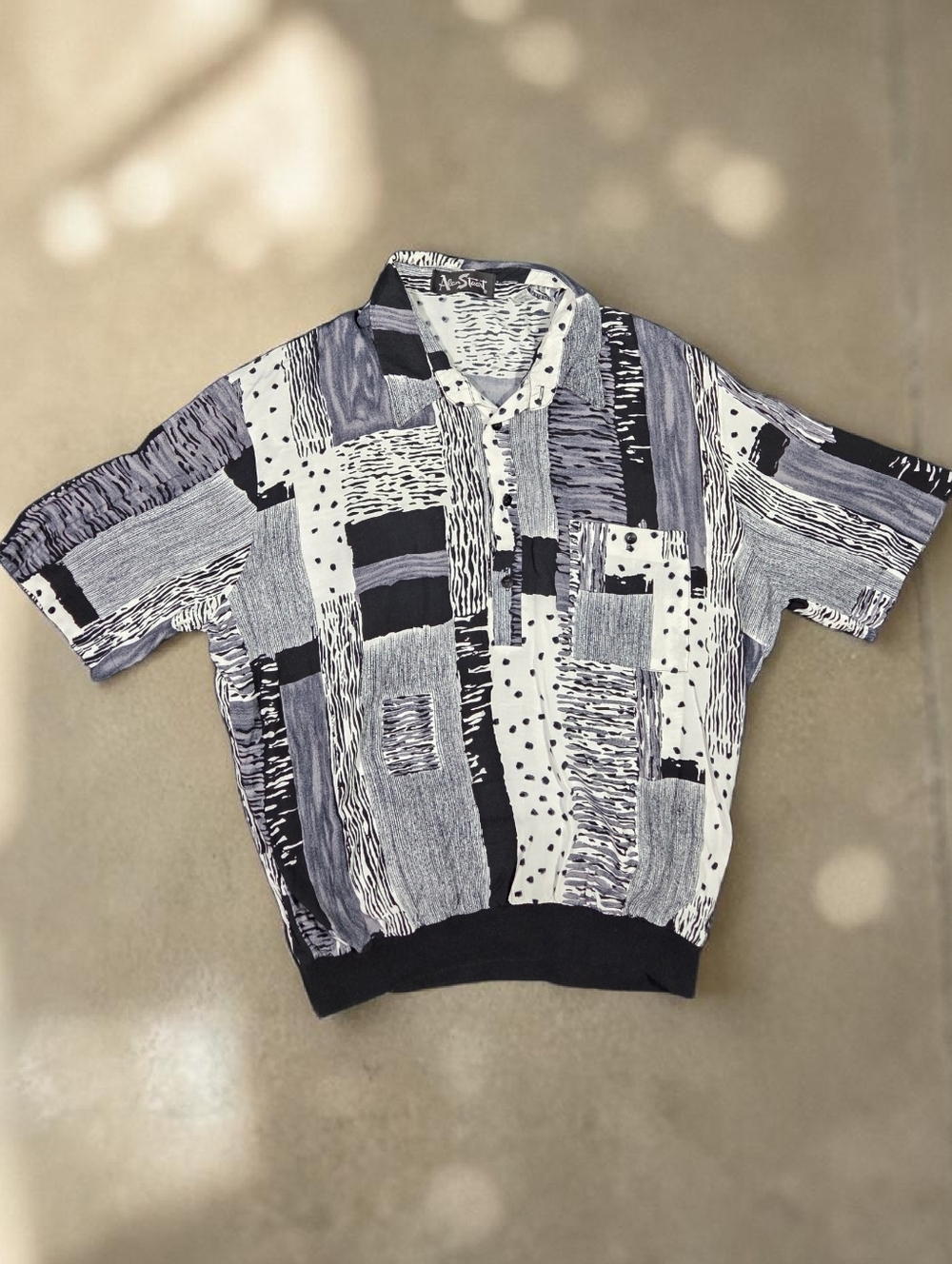 Vtg Alan Stuart Pullover Shirt Polo Abstract USA Banded Waist Black White 80s XL